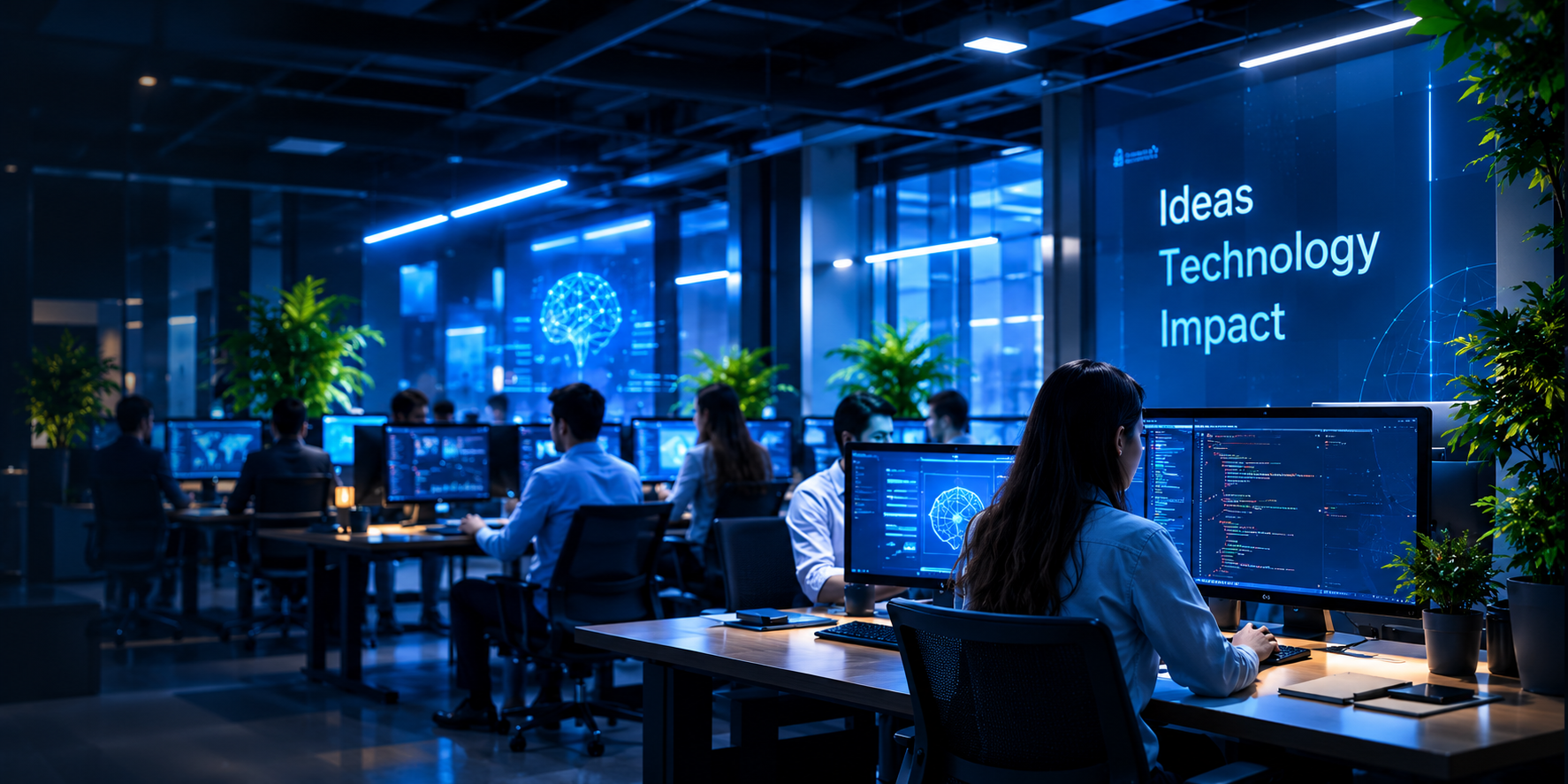 Ombrion team collaborating in a modern AI technology workspace