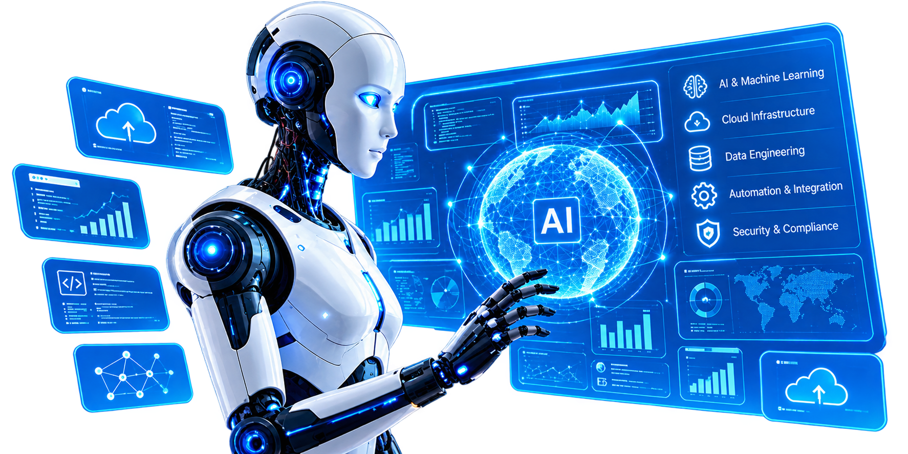 Advanced AI robot interacting with holographic technology interfaces
